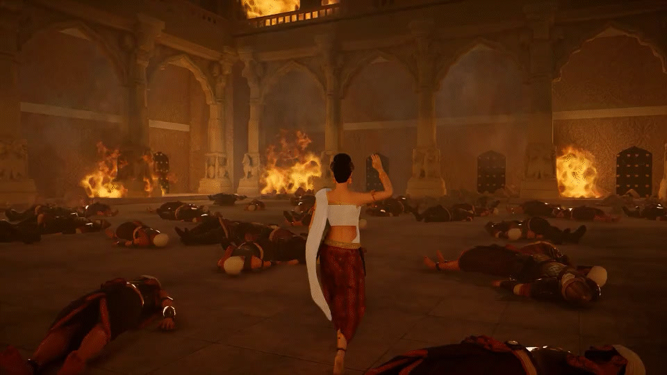 Gargi shifting through a devastated palace hall